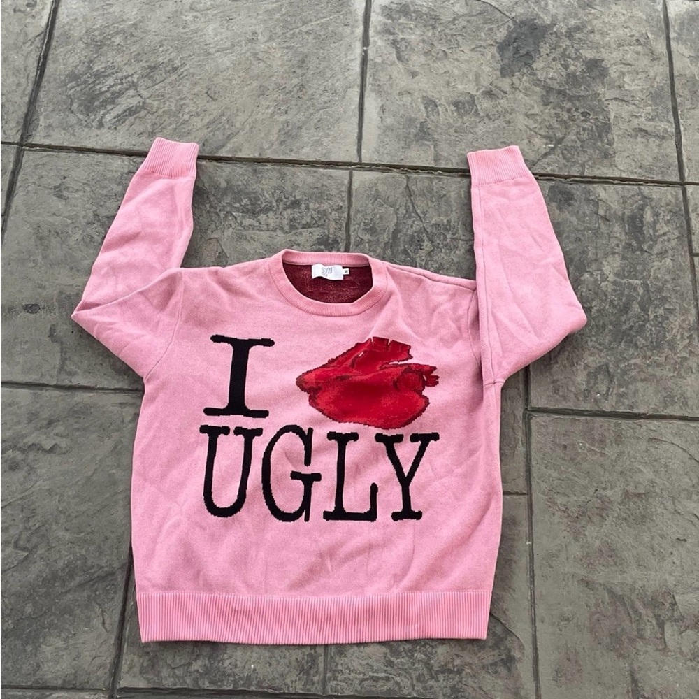 Pink Crewneck Sweater with 'I UGLY' Graphic